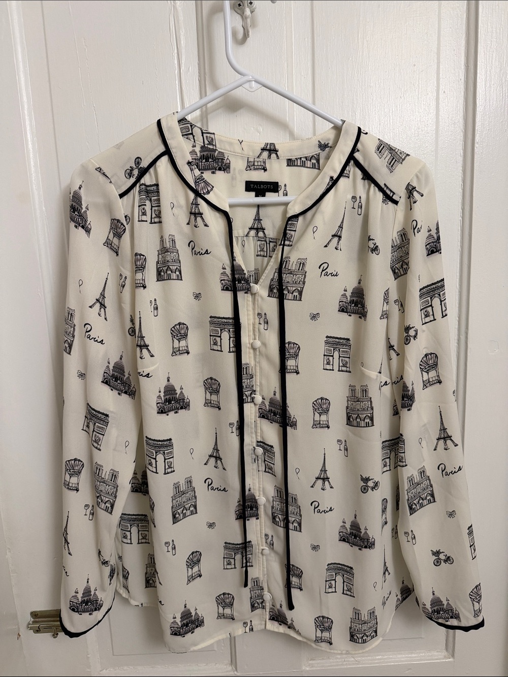 Talbots Cream Top with Black Paris Landmark Print